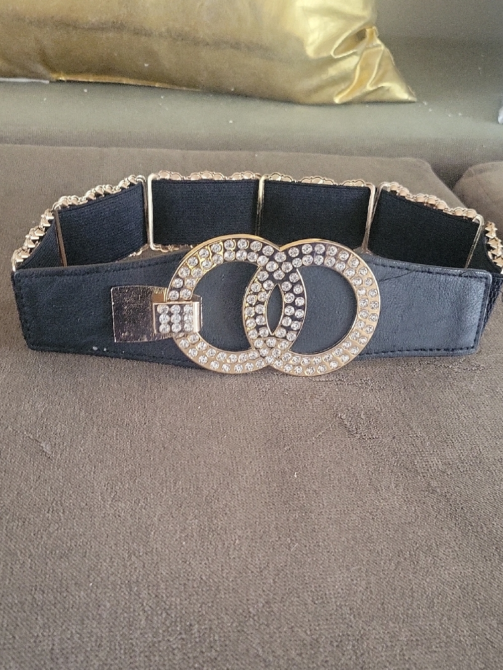 Stylish Black Elastic Belt with Rhinestone Double-Ring Buckle